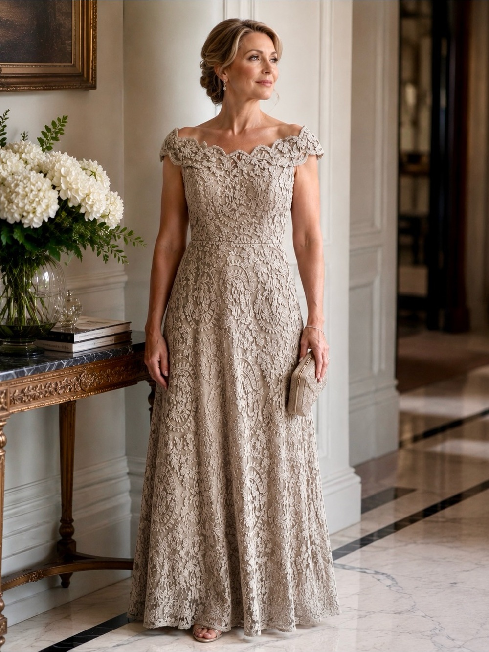 Tadashi Shoji Champagne Taupe Lace Off Shoulder Formal Gown Size 4